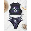 Sexy Floral Two-Piece Hollow-Out Bikini Set - Women's Skull Design Swimwear