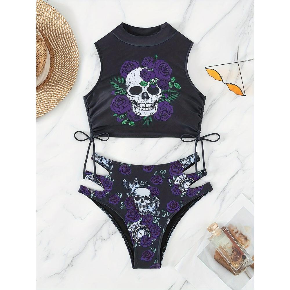 Sexy Floral Two-Piece Hollow-Out Bikini Set - Women's Skull Design Swimwear