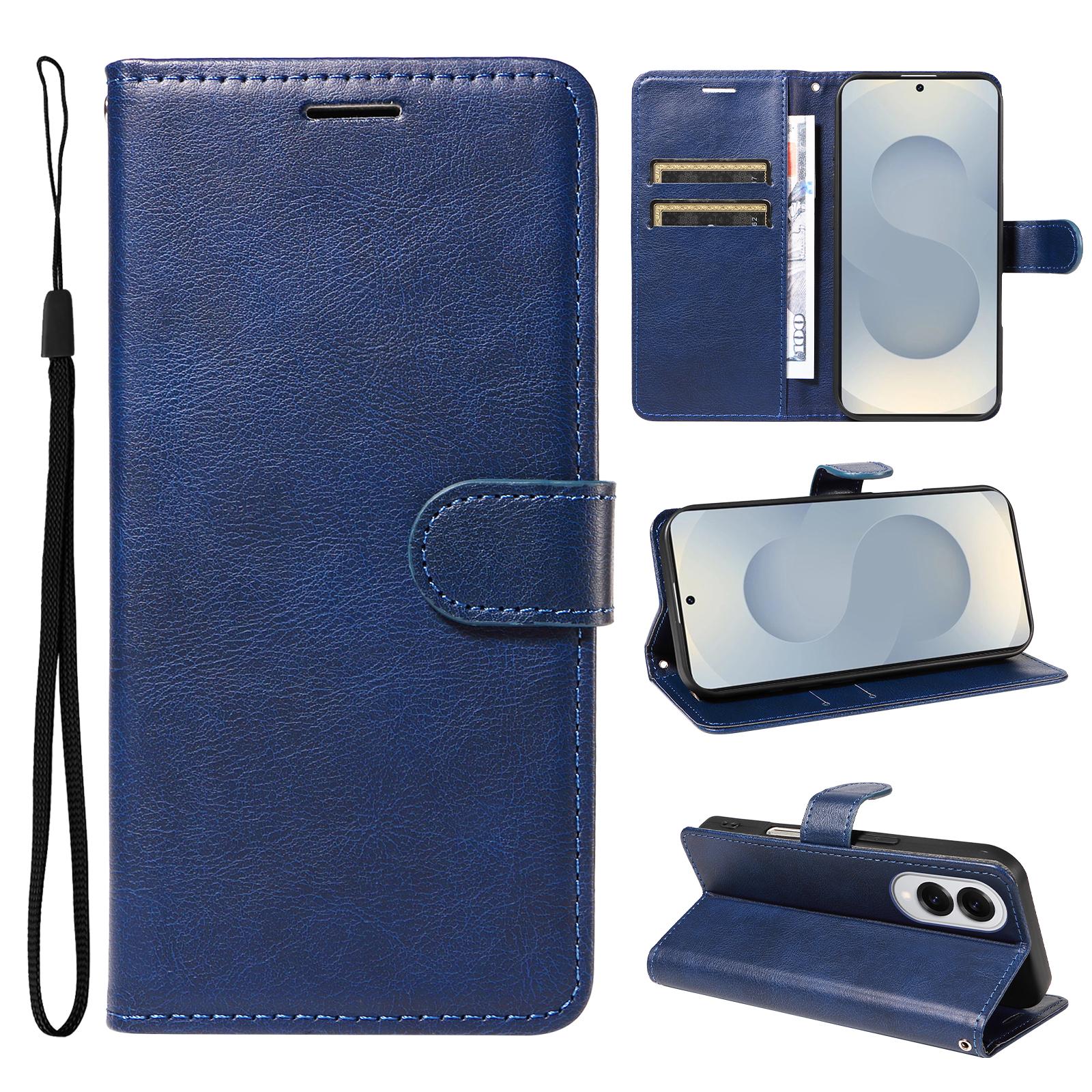

For Samsung Galaxy S25 Edge Leather Wallet Case with Strap Solid Color Phone Stand Cover Blue