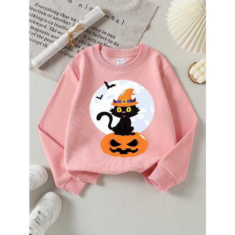 Girls Halloween Crew Neck SweatshirtHalloween Black Cat Witch Hat Pumpkin Print_1, Fun Print Kids Autumn Clothing
