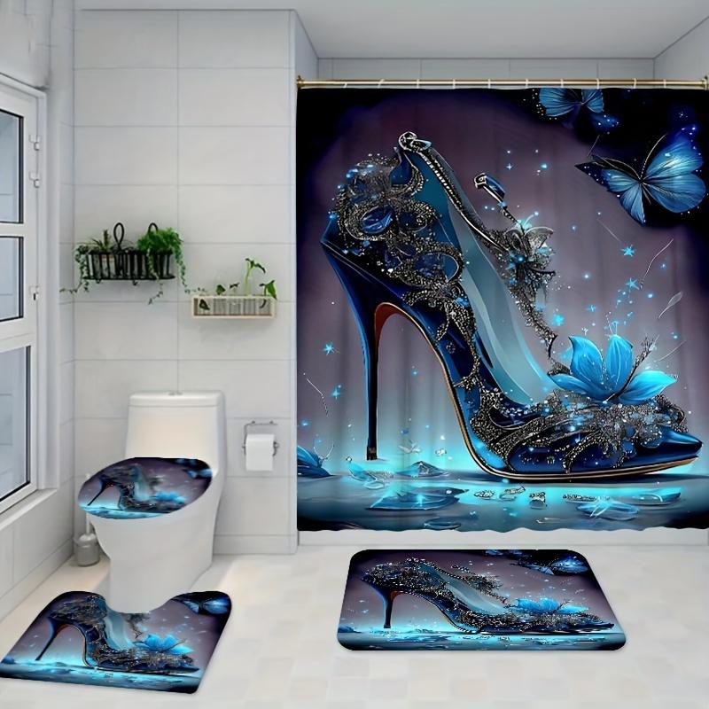 

Elegant Blue High Heel and Butterfly Bathroom Set - Waterproof Shower Curtain, Toilet Lid Cover, Bath Mat, and Contour Mat