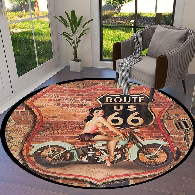Tappeto Rotondo ROUTE66, Tappeto per Soggiorno Camera da Letto Divano Stanza dei Giochi Decorazione, Tappetino Antiscivolo