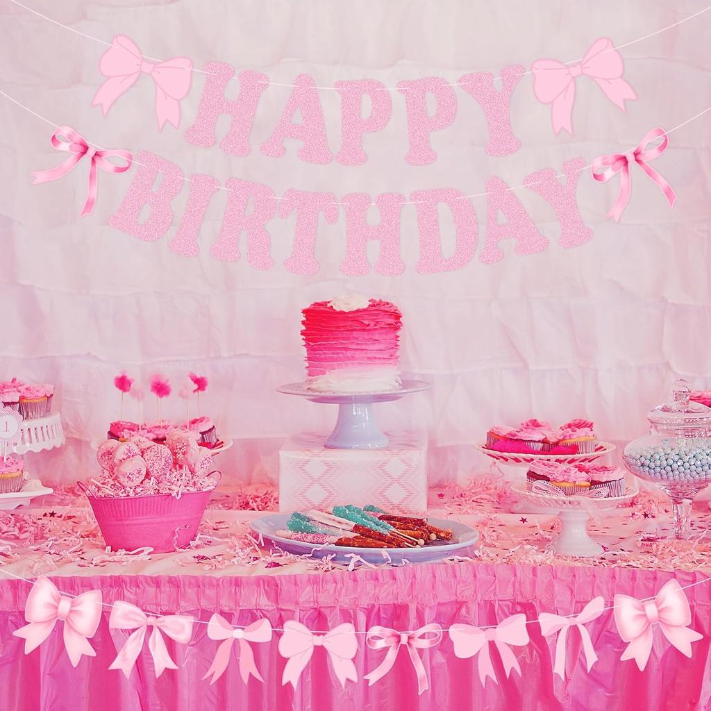 Bow Happy Birthday Banner, Pre-Strung Pink Bows Garland for Women Girls Bow Birthday Party Decorations, Bow Party Decor
