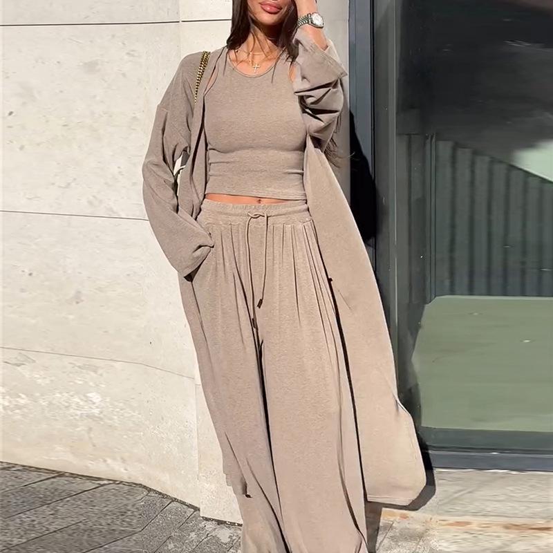 2025 Spring/Summer Women's Three-Piece Set: Casual Long Coat, Camisole, and Tie-Up Wide-Leg Pants