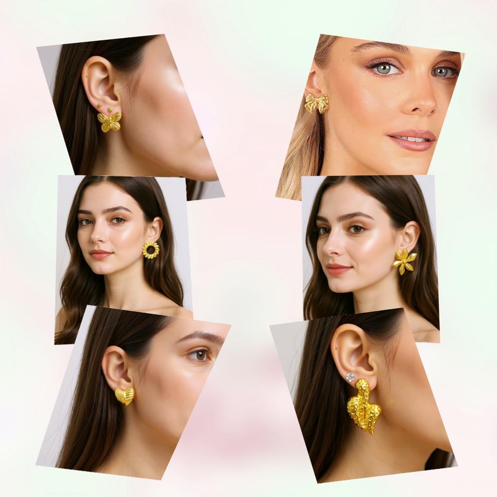 2-8 Pairs 18k Gold Plated Stainless Steel Love Statement Heart Bow Flower Water Droplets Shaped Classic Multi-Style Stud Earring