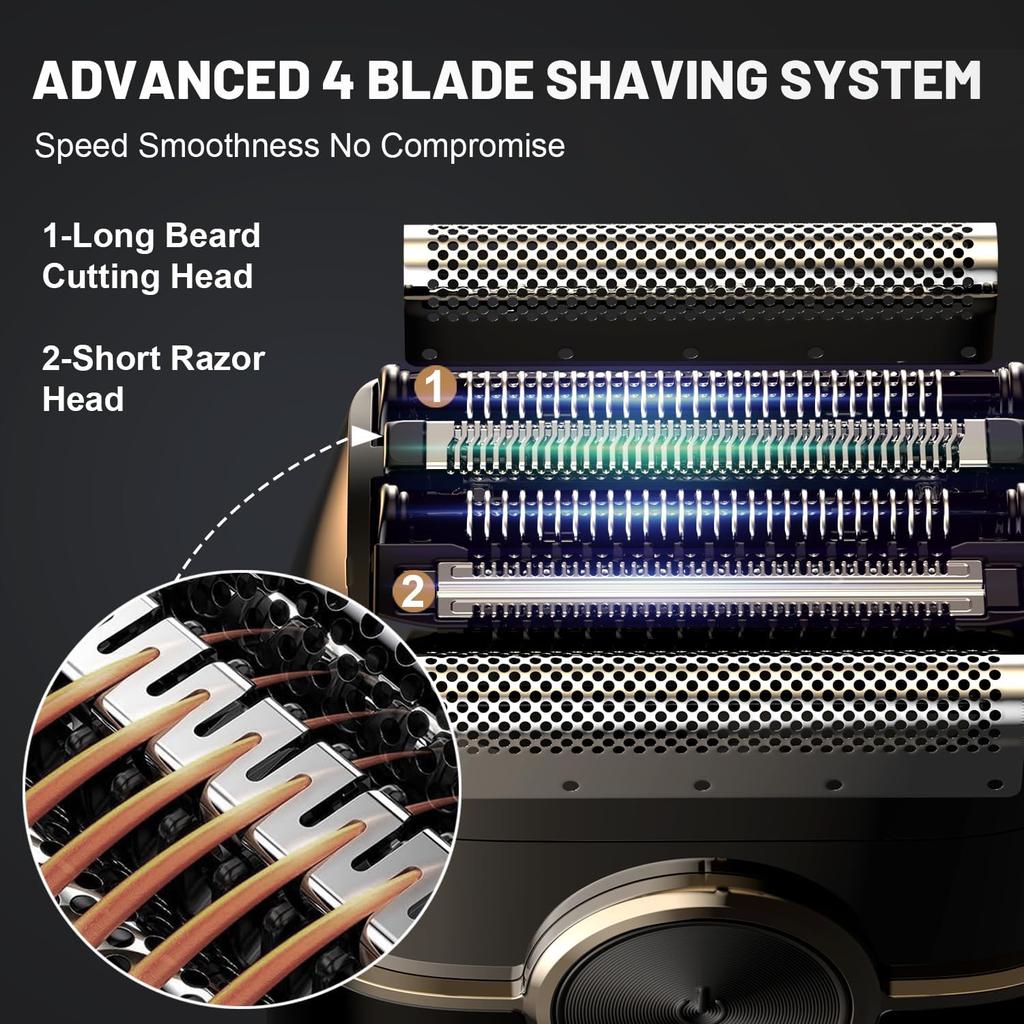 Electric Foil Shavers for Men with 4 Floating Blades & Big LED Display, 2 Gears Adjustable, IPX7 Waterproof Wet/Dry, USB Type C