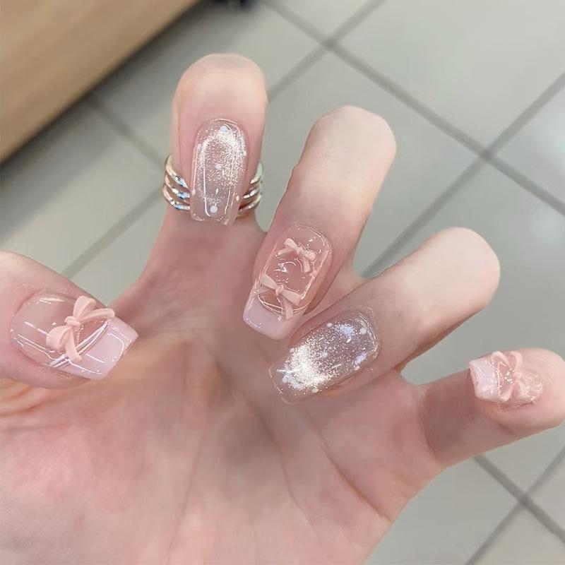 24Pcs Short French Tip False Nails Shimmer Ballet Nail Art Full Cover Sheer Press On Manicure Tips For Girls Daily Wear