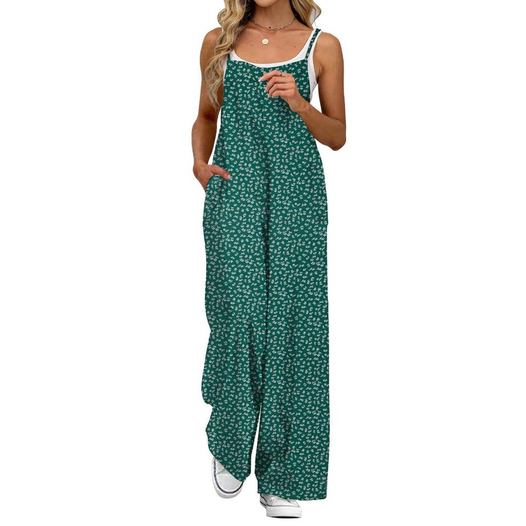 Damen Spaghetti-Träger Ärmellos Floral Jumpsuit Locker Hohe Taille Freizeit Weites Bein Overalls