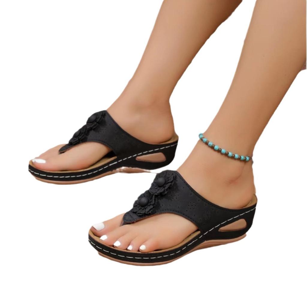 Absatz Zehen Hausschuhe Damen Oberbekleidung Damen Hausschuhe Nahtlinie Dicke Sohle Blumen Hohl Flip-Flops