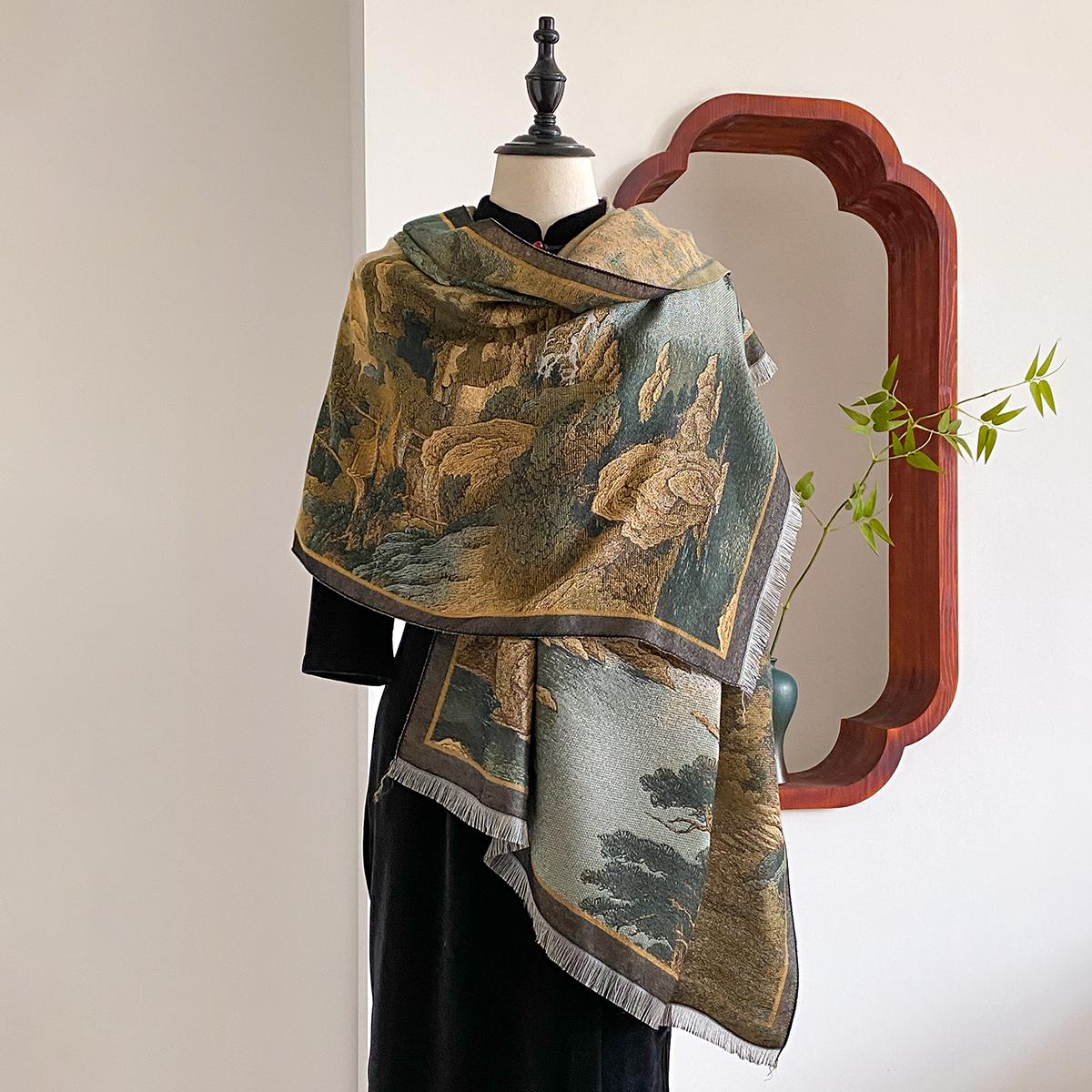 

Chinese Style Landscape Painting Women Scarf Soft Warm Pashmina Shawl Winter Outdoor Coldproof Windproof Blanket Wrap Scarf