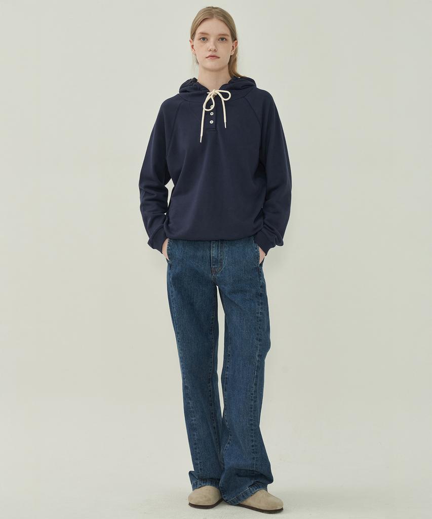Basic Button Hoodie Sweatshirt - Navy