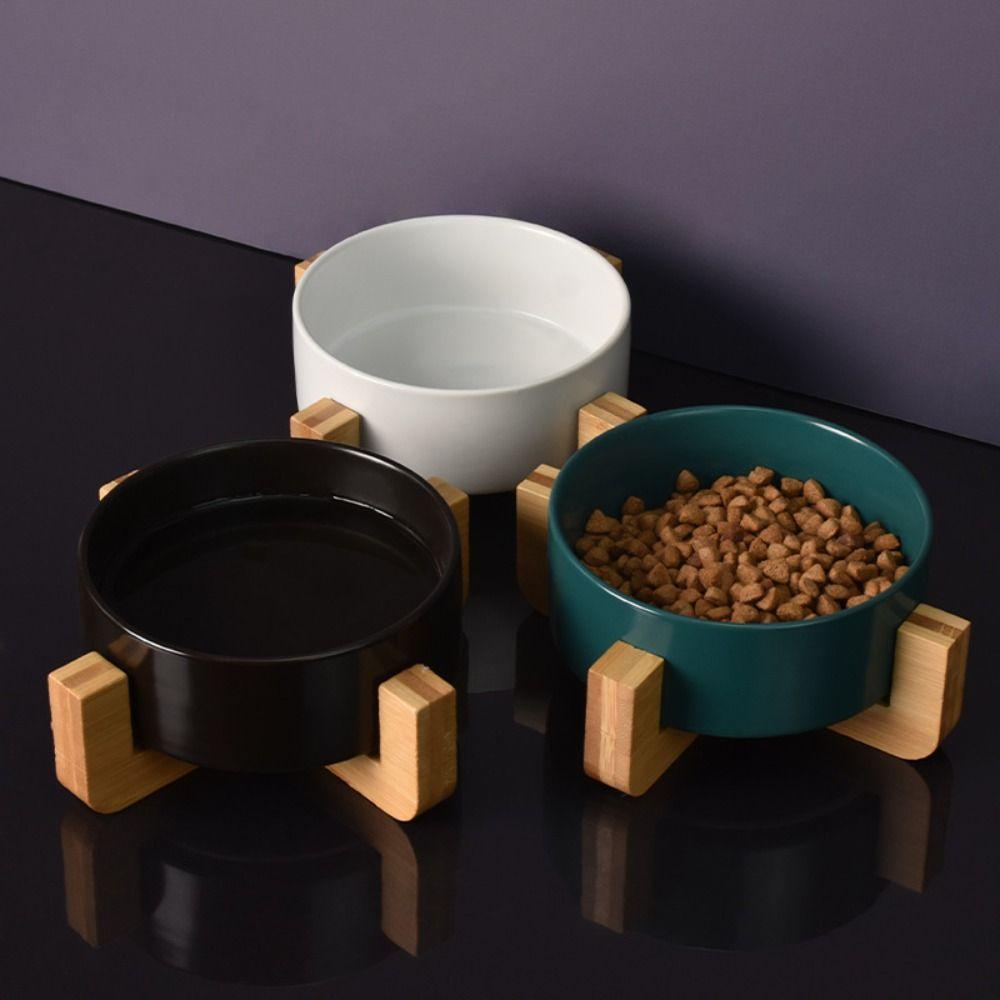 Large Caliber Ceramic Cat Bowl Anti-Overturn Cervical Spine Cat Water Food Bowl No Spill with Wooden Rack High Footed Dog Bowl