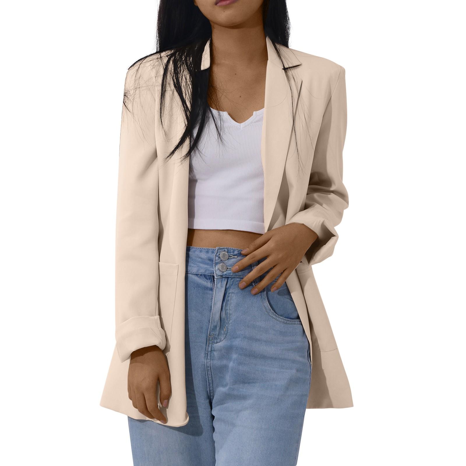 

Жіночий однотонний кардиган з відкритими передніми кишенями, урочистий костюм, блузка з довгим рукавом, пальто XXXXXL бежевий