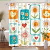 1pc Vintage 70s Retro Shower Curtain with Grommets - Pastel Sun/Flower/Heart Patterns Suitable for Bathroom Decor - Bath Curta