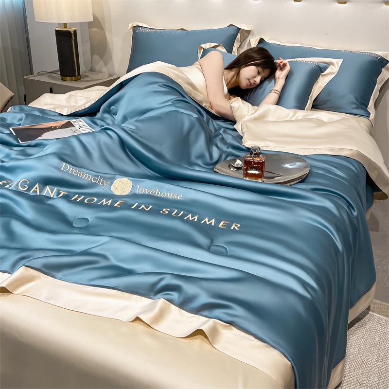 Class A Ice Silk Water Washable Summer Quilt Set - Naked Sleep Embroidery, Thin Blanket, Air Conditioning Quilt, Four-Piece Gift.