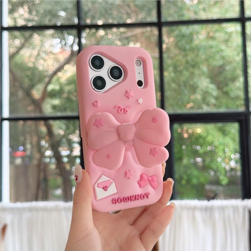 Cute Pink Bow Foldable Stand Phone Case for iPhone 12 13 14 15 16 17 Pro Max 14 15 Plus Soft Silicone Anti-drop Cover