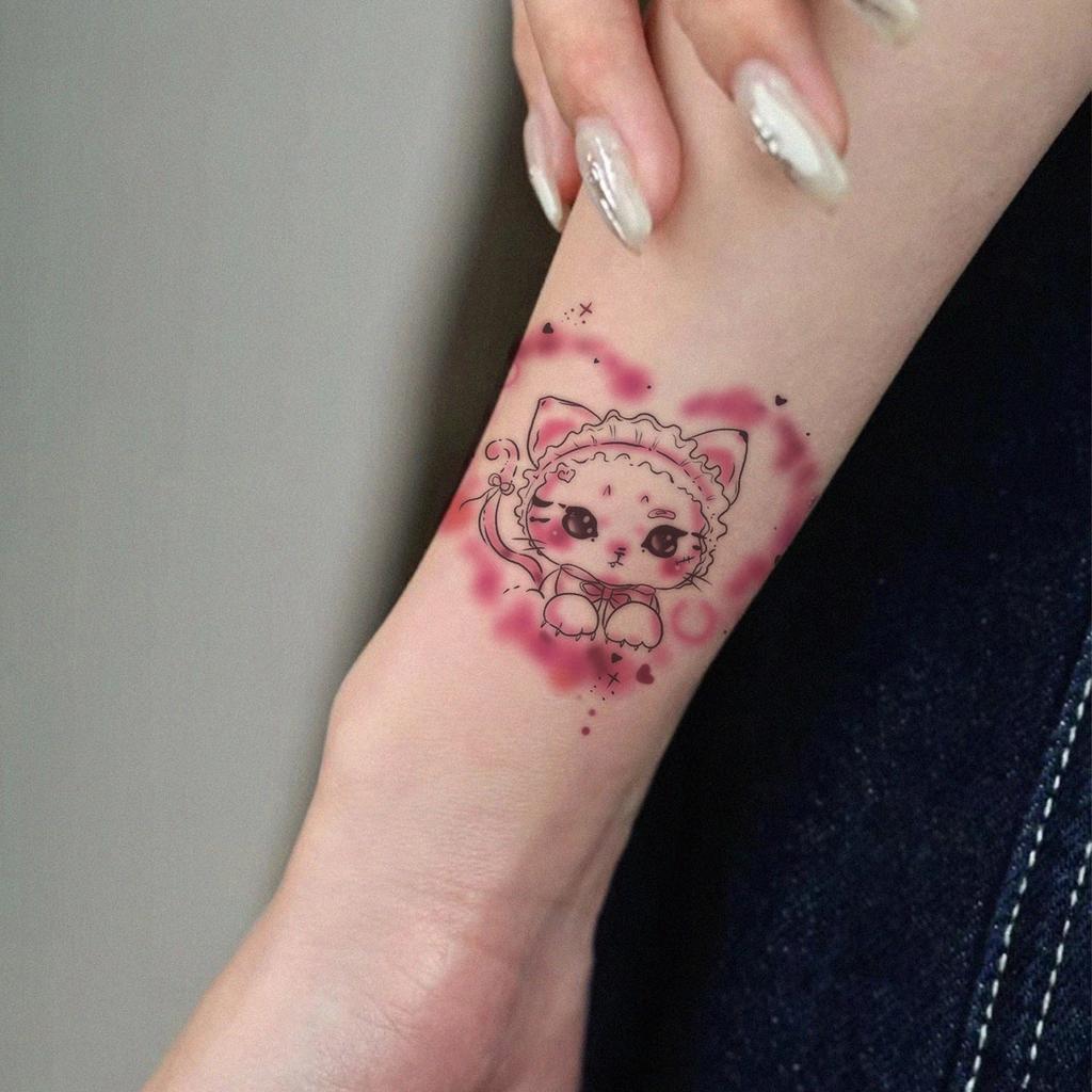 Pink Smudged Lolita Kitten Tattoo Sticker, Sweet Girl Cute Cartoon Wrist Waterproof And Long-Lasting Simulation Sticker