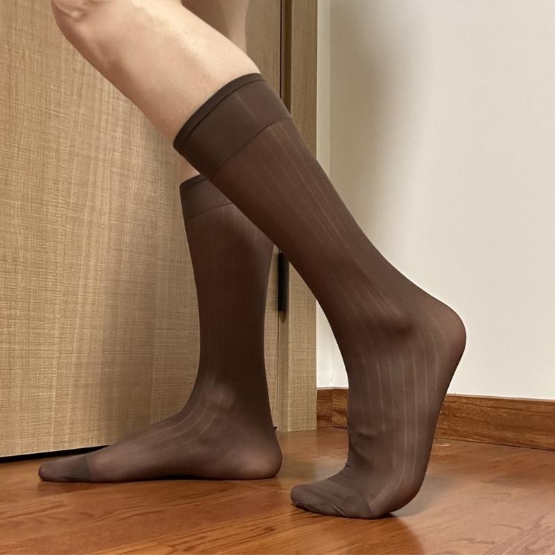 Mens Nylon Sheer Suit Socks Business Dress Socks Elastic Wide Striped See Through Formal Dress Over the Calf Stockings