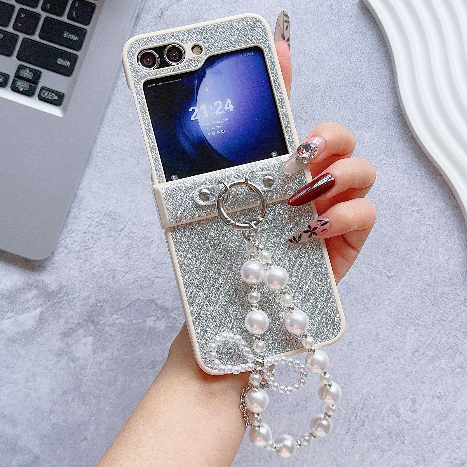 

For Samsung Galaxy Z Flip7 FE 5G/Z Flip6 5G Case Glitter Lattice Leather+PC Phone Cover with Beaded Wrist Strap A