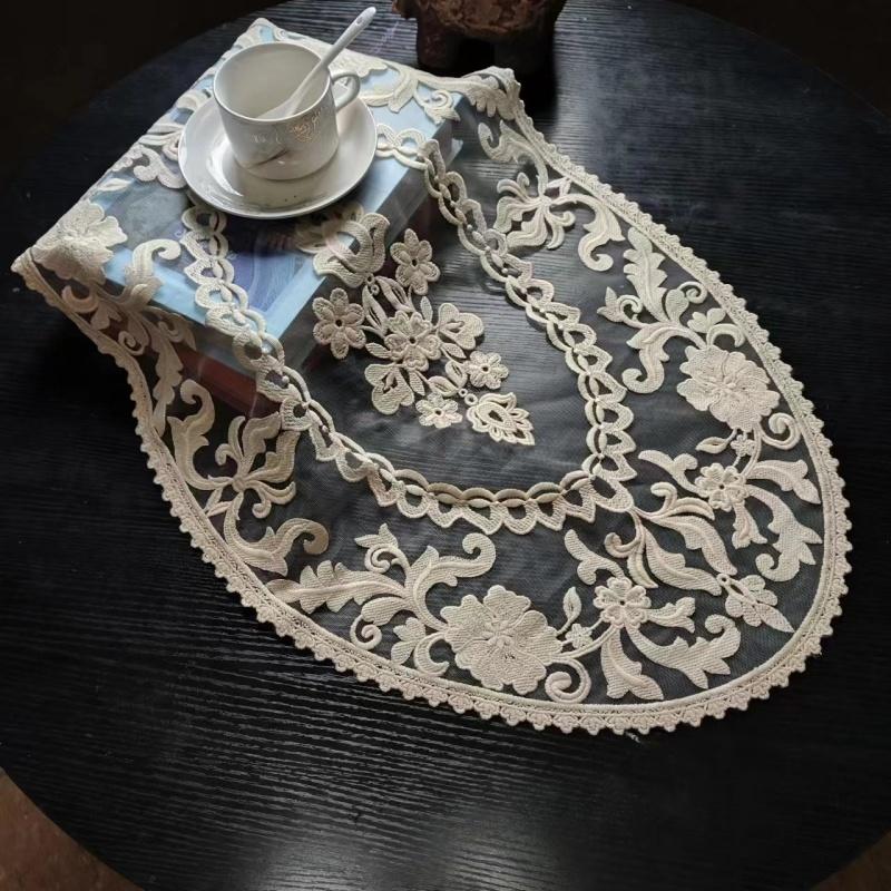 Chinese Classic Oval Embroidered Small Round Tablecloth Kitchen Coffee Bar Tea Set Fruit Tray Table Mat Wedding Party Decoration
