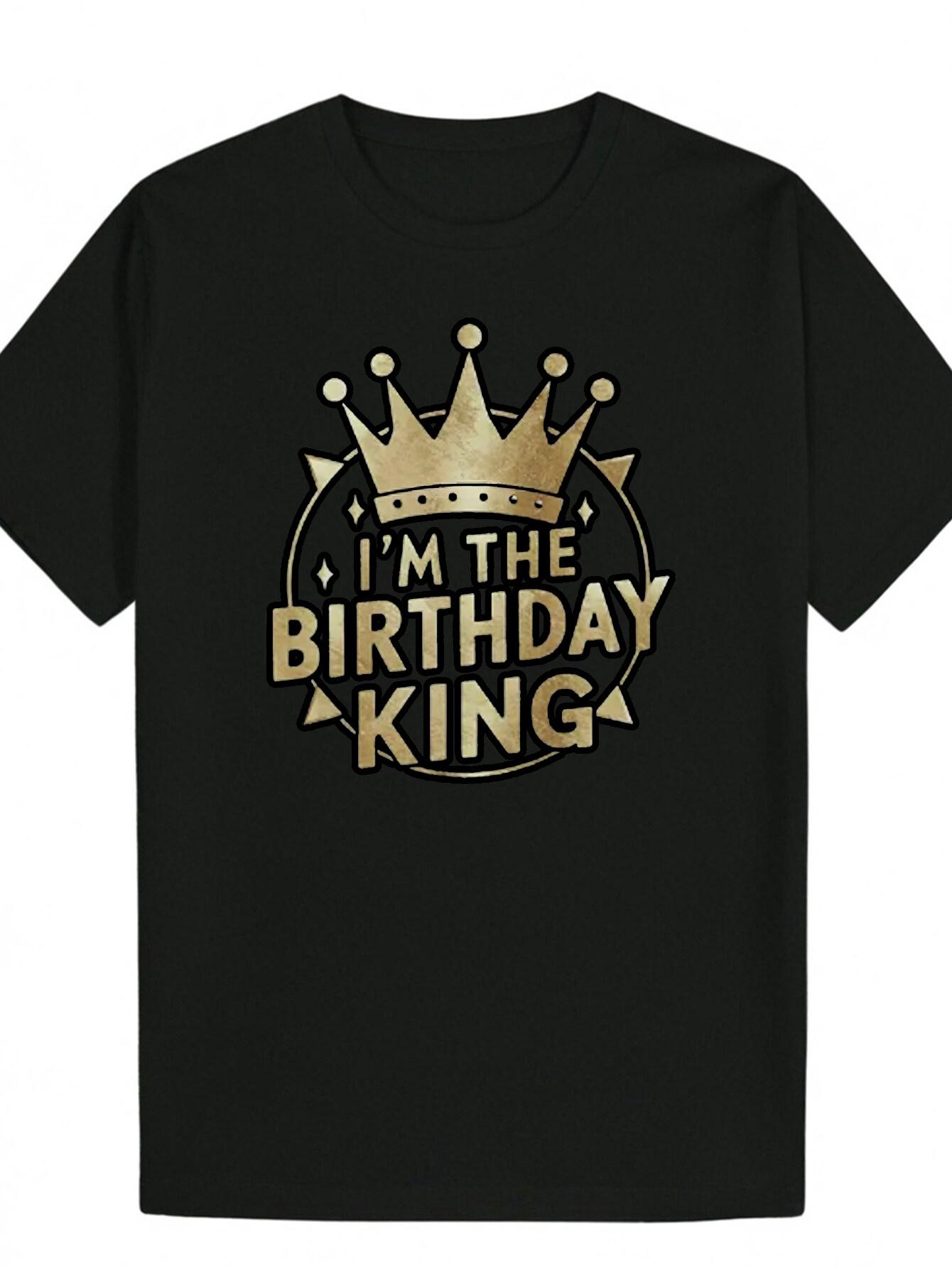 Royal Blue  I m the Birthday King  Graphic T-shirt - Casual Polyester Crew Neck Tee with Golden Crown Design S