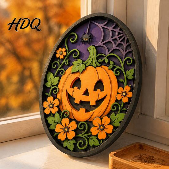 Halloween Wall Decor Oval Sign Layered Wooden Cute Ghost Bat Spooky Home Decorations Pumpkin Witch Designs Festive Art Decoration for Interior Retro
