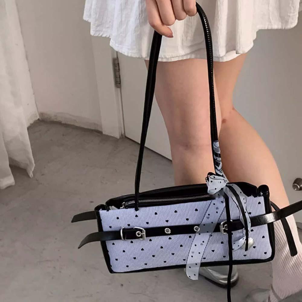 Sweet Blue Shoulder Bag Canvas Stripe Heart Underarm Bags All-match French Stick Handbag  School
