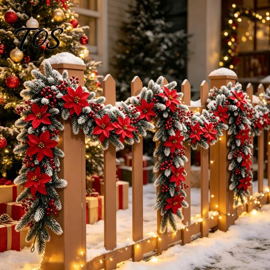 Covered Porch Fence Decoration 5.9Ft Artificial Christmas Poinsettia Garland with Frosted Pine Branch and Red Flexible Plastic Vines Berries, Festive