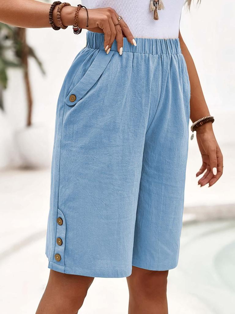 2025 Women's High-Waist Cotton Linen Shorts - Solid Straight-Leg Casual Pants