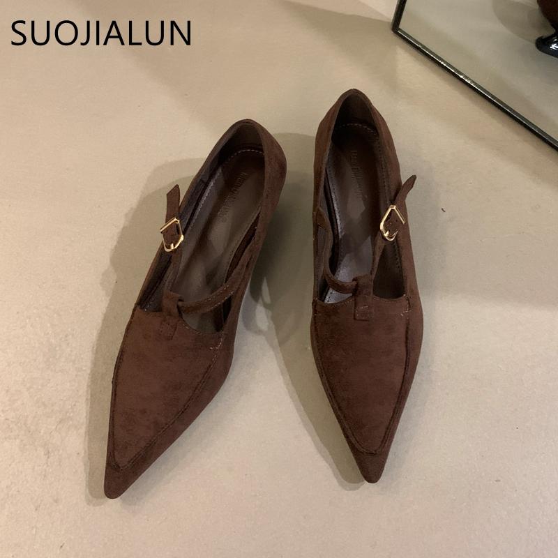 Fashion SUOJIALUN New Brand Women Pumps Shoes Fashion Pointed Toe Ladies Elegant Mary Jane Shoes Thin Med Heel Outdoor Dress Boat Shoes