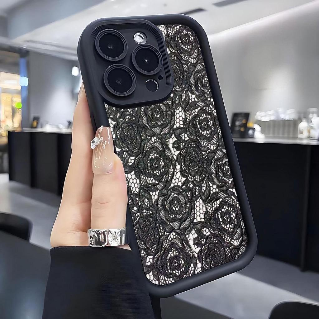 Black Lace Floral Design Phone Case for iPhone 15/16/17 Pro Max