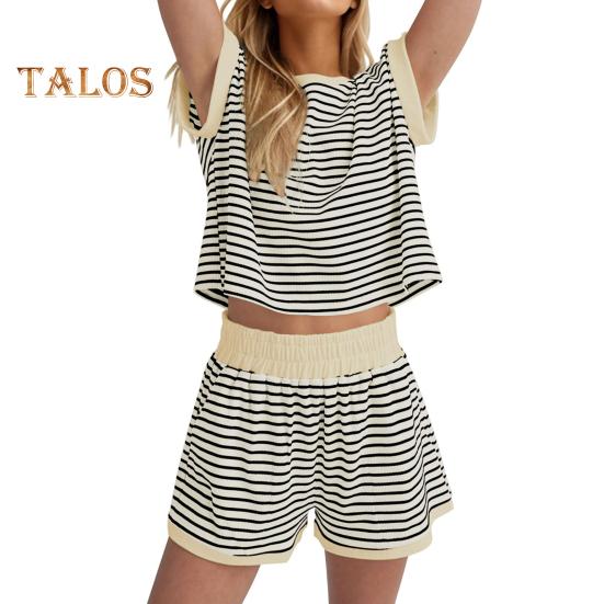 

Женский комплект из 2 предметов для отдыха, полосатая рубашка с коротким рукавом и шорты, летний повседневный ребристый спортивный костюм, подходящий комплект M бежевый