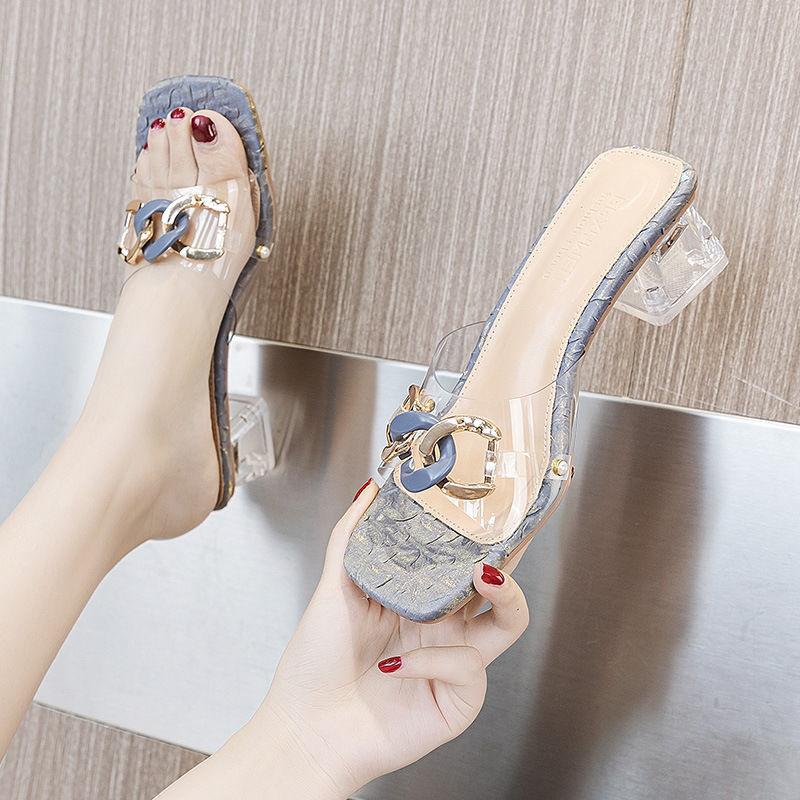 Women's Slippers and Ladies Sandals Square Toe Medium Heel Shoes New Collection Fashion Slides High Quality Original Vip 39 Shoe