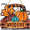 Orange Maple Leaf Ornament Hello Fall Wooden Hanging Sign, Retro Plaid Pickup Truck Ornaments, Wall Pendant Autumn Harvest Party Supplies with Pumpkin