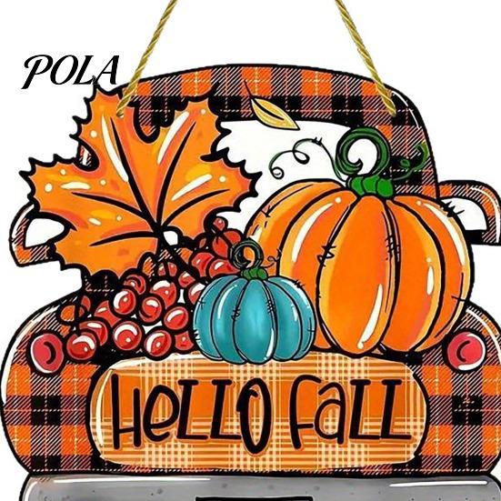 Orange Maple Leaf Ornament Hello Fall Wooden Hanging Sign, Retro Plaid Pickup Truck Ornaments, Wall Pendant Autumn Harvest Party Supplies with Pumpkin