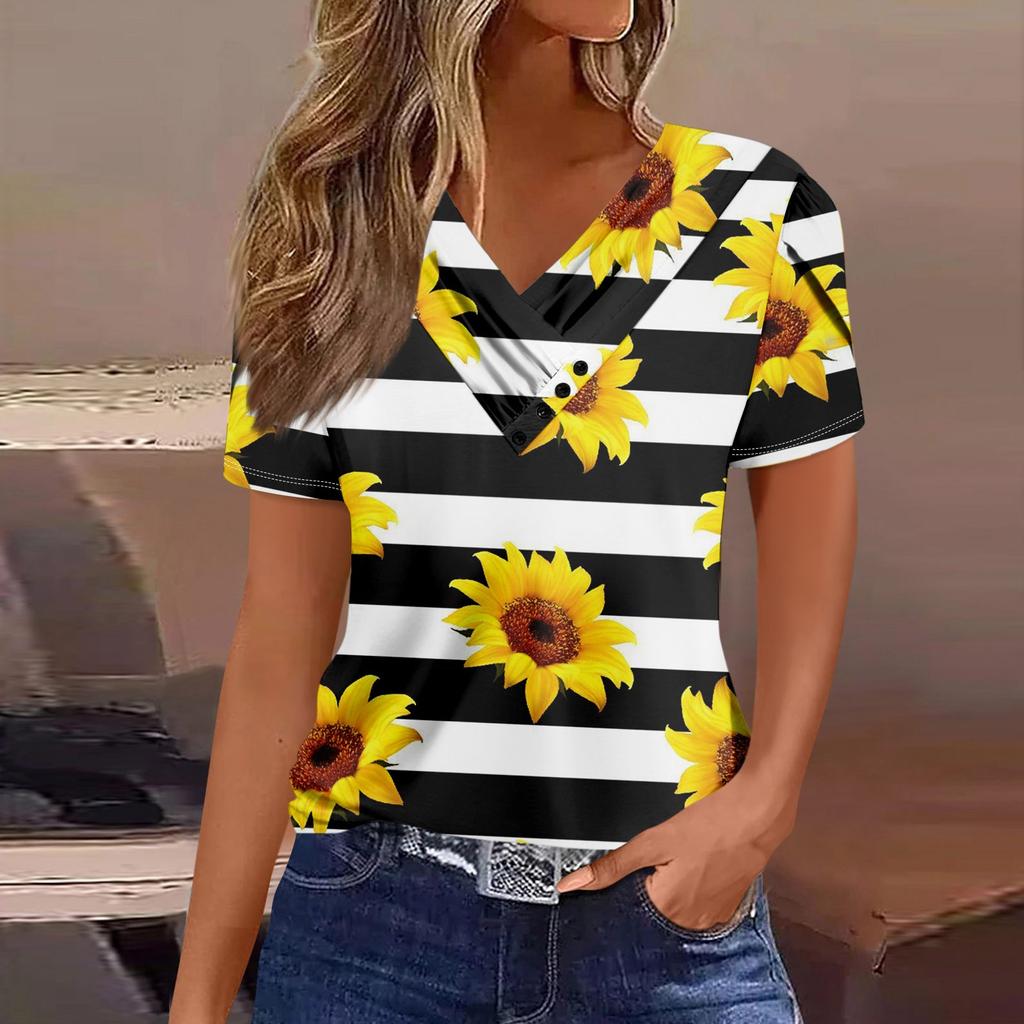 Women's T Shirt Tee Casual V-neck Short-sleeved T-shirt Printed Button Top