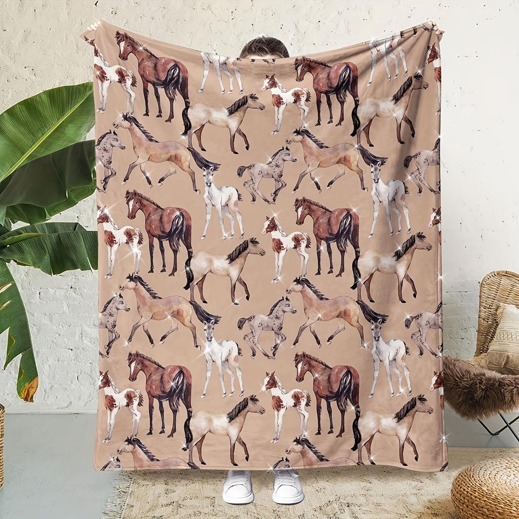 Couverture douillette douce et chaude pour la sieste Motif cheval Couverture jetée en flanelle Parfaite pour la literie le canapé la décoration de la maison Lavable en machine Toutes saisons