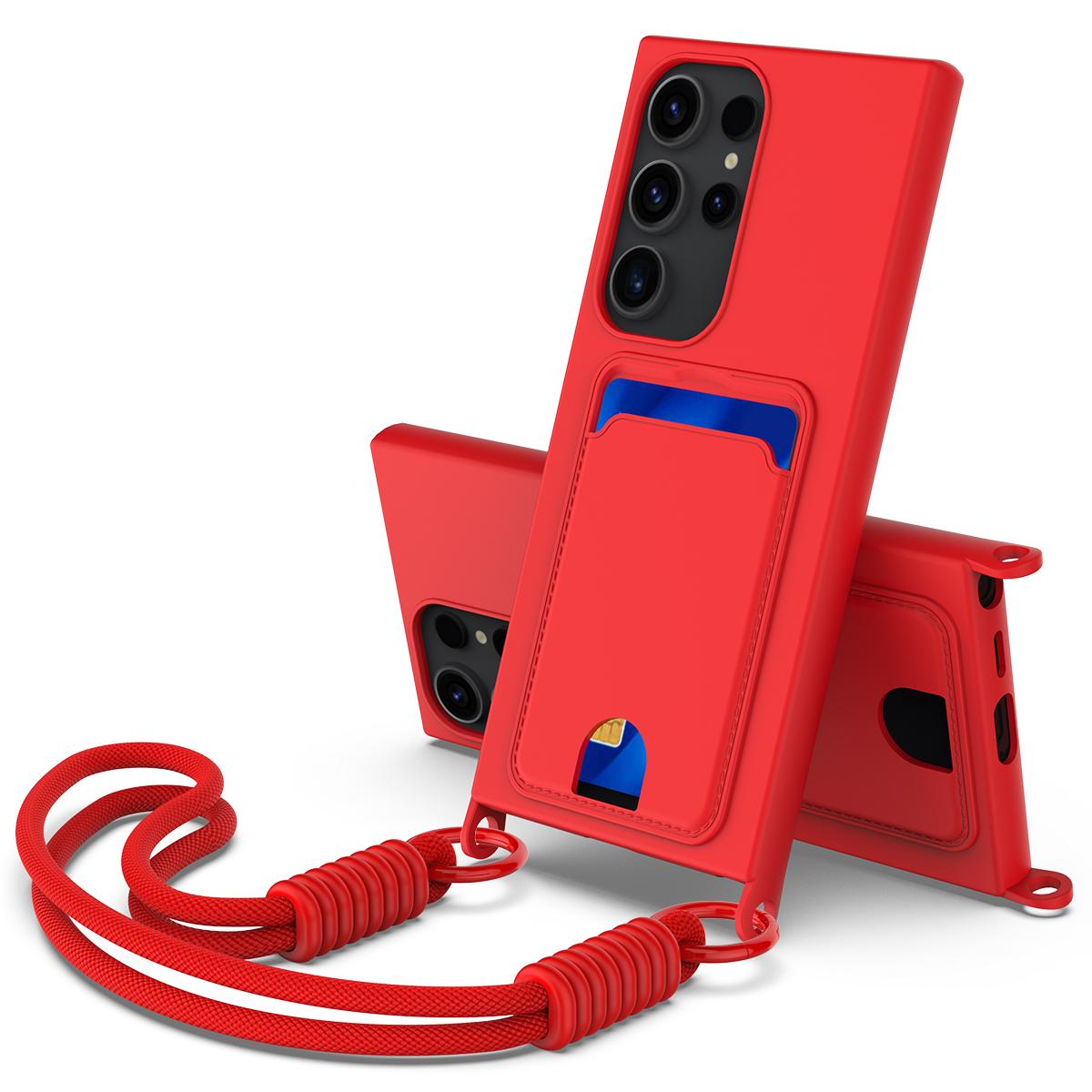 

For Samsung Galaxy S23 Ultra Liquid Silicone Case Phone Back Cover with Card Holder and Short Strap