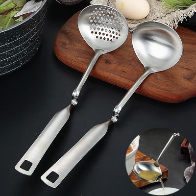 Round Skimmer Stainless Steel Colander Spoon Kitchen Gravy Oil Soup Fat Filter Fried Strainer Spoon with Long Curved Handle