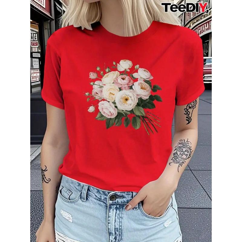 Short sleeved T-shirt with printed European and American plant flowers