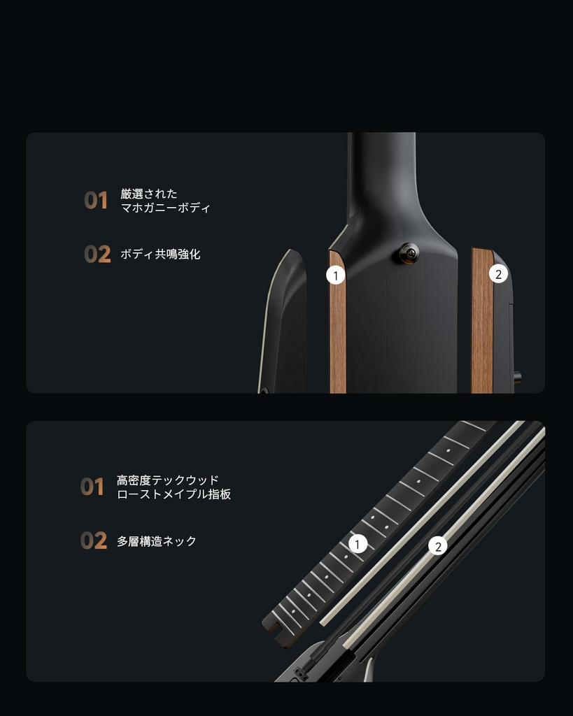 Donner HUSH-X PRO Elektrická kytara, Chytrá cestovní kytara, Bezhlavá, Různé presety, 7 simulací tónu, Černá