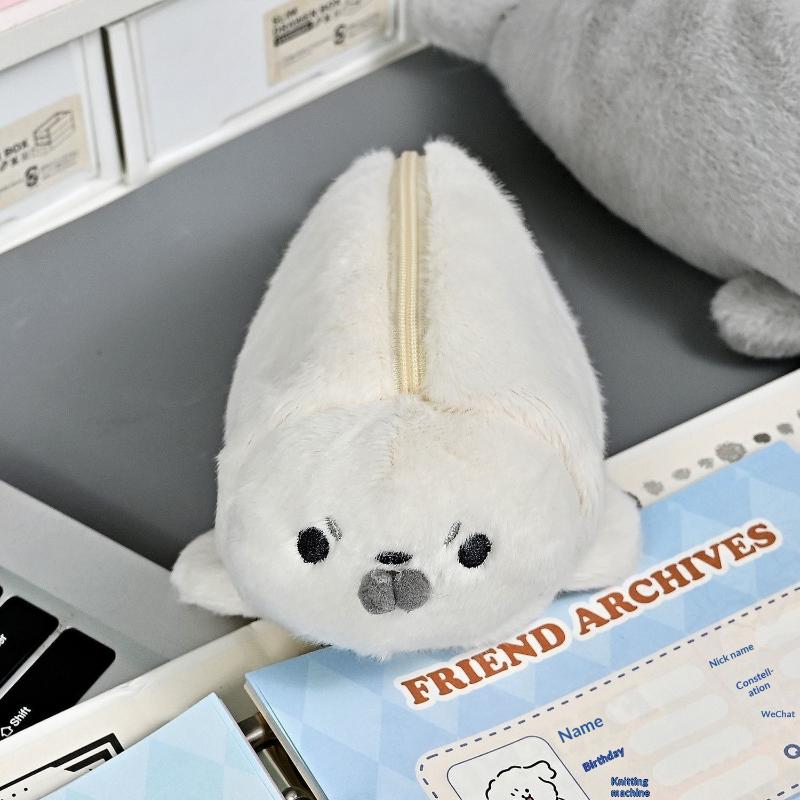 Kawaii Seal Plush Pencil Bag With Glasses Frames Large Capacity School Supplies Storage For Girls Stationery