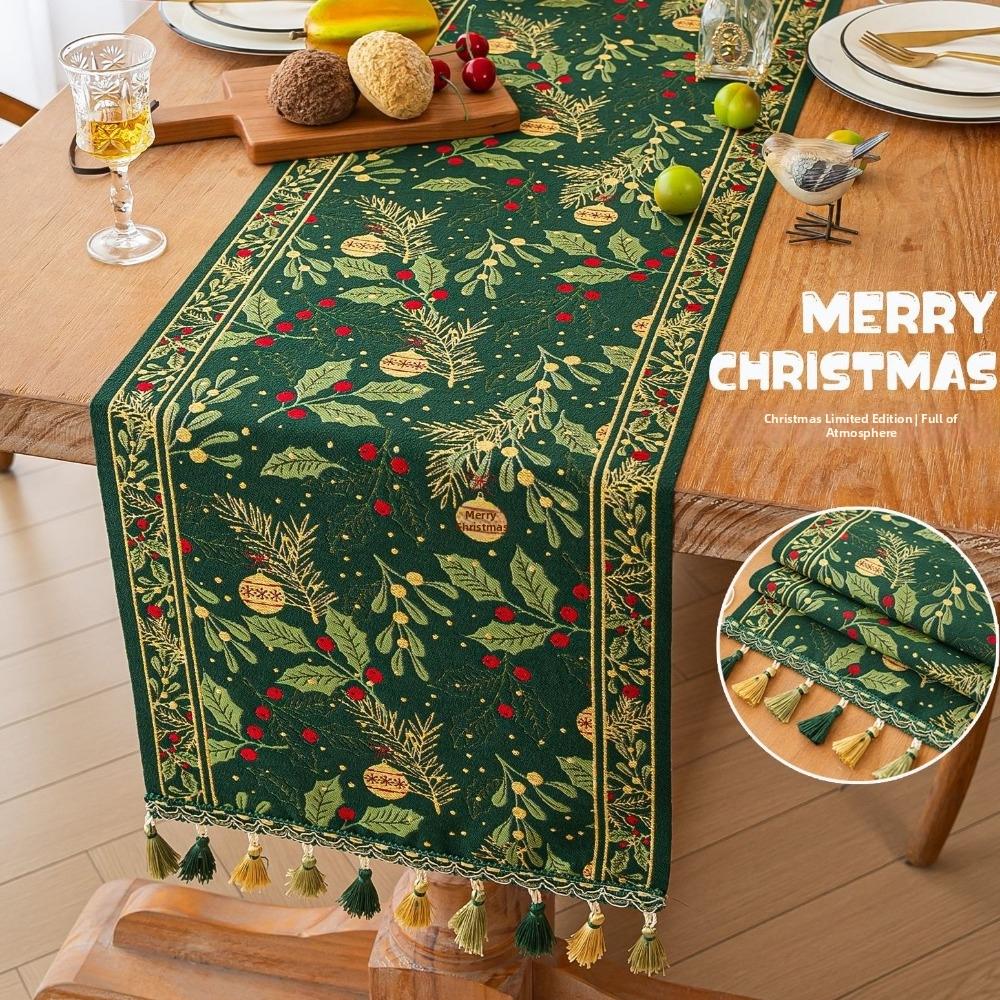Fringed Pine Leaf Printed Table Flag Gradient Tassel Table Cabinet Cover Cloth Christmas