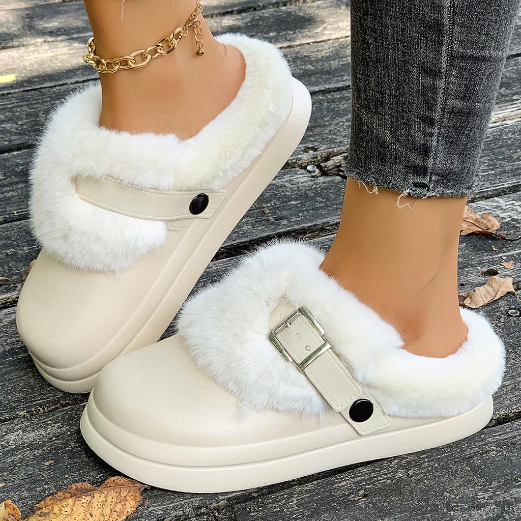Winter Women Outdoor Platform Warm Slippers Plush Buckle Slippers Flat Fur Comfortable Clogs Soft Design Shoes Slides Women