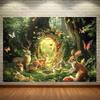 Tapiz de Bosque Encantado de Ensueño, Bosque Mágico Iluminado por el Sol con Familia de Ciervos, Conejos y Mariposas, Arte de Pared de Cuento de Hadas Caprichoso