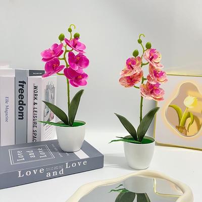 Rosa Künstliche Orchidee Topfpflanzen Mehrblütig Weißer Blumentopf Plastik Falsche Blume Simulierte Bonsai Innen Dekoration