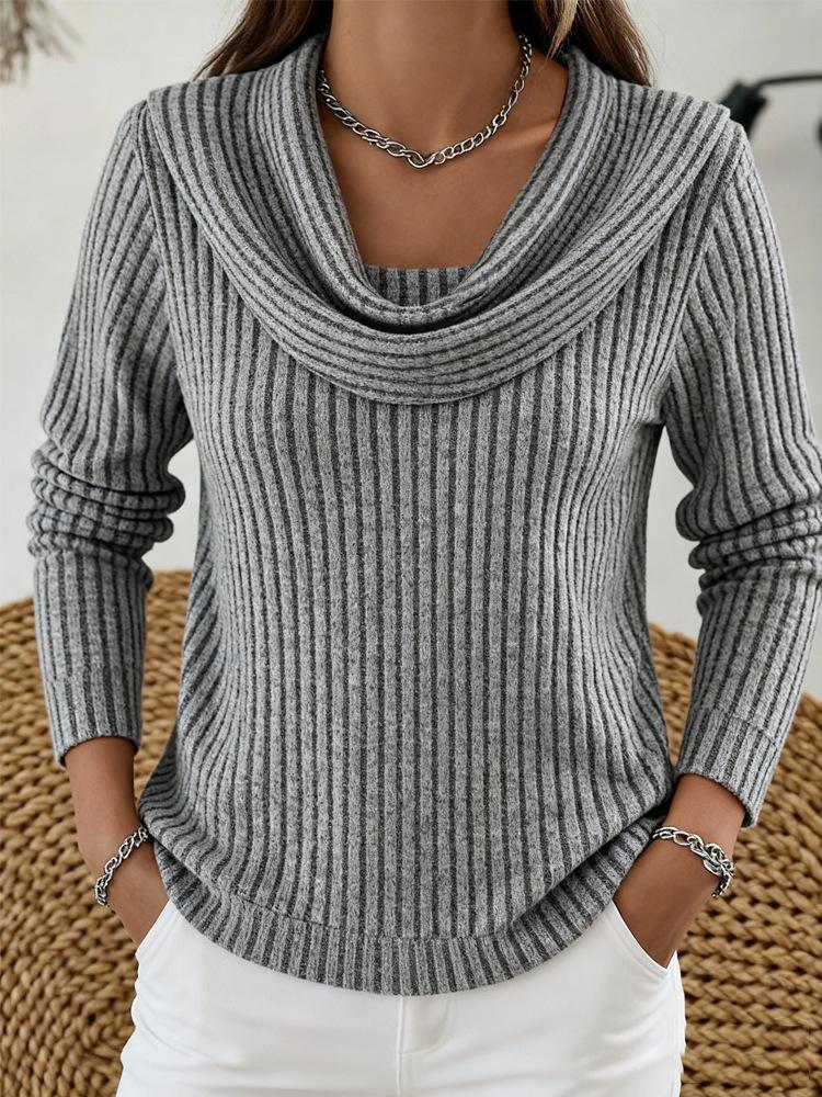 Women's Cowl Neck Long Sleeve Knit Top Regular Fit Vintage Ribbed Pullover Sweater