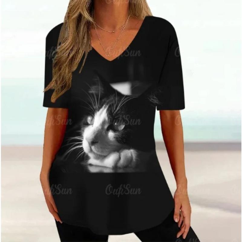 Summer V-neck 3D Cartoon Cat Printed Top Fashionable Casual Short Sleeved Women's T-shirts