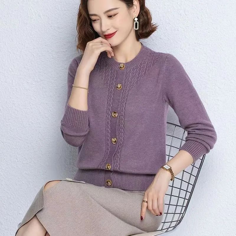 Stilig cardigan for kvinner høstklær elegant genserjakke løs rund hals strikket cardigan
