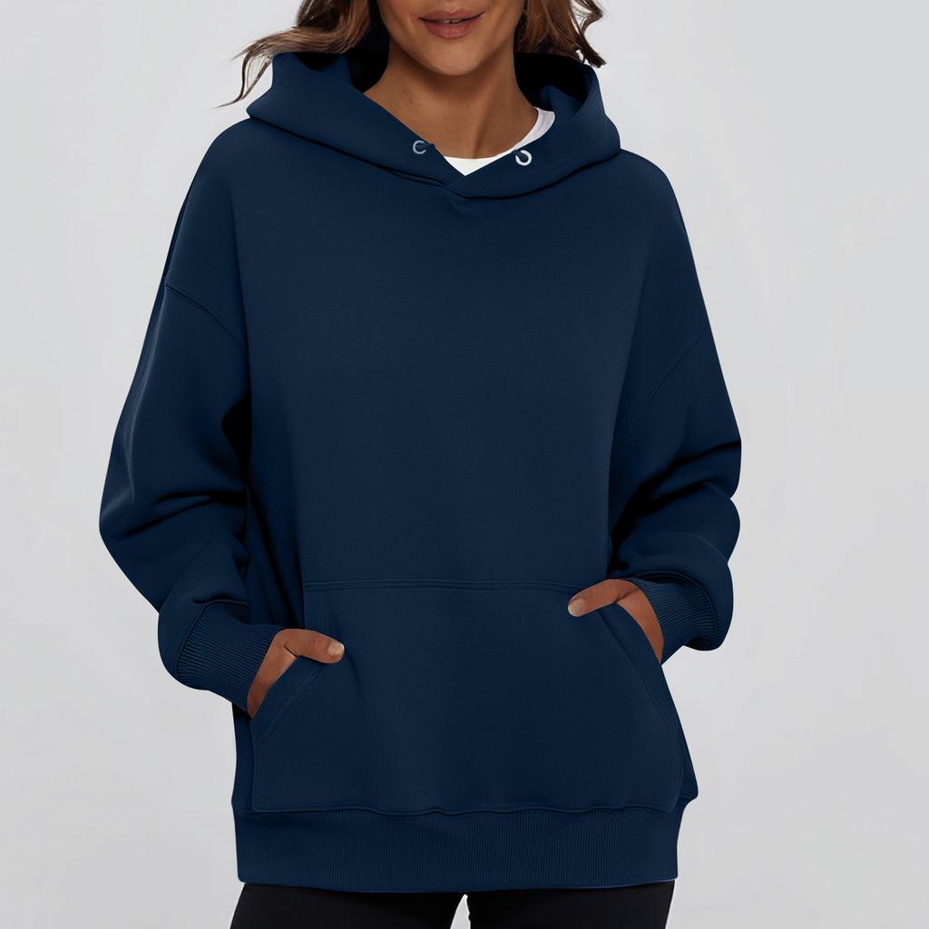 Ladies' Fashionable Solid Color Casual Hooded Pocket Long Sleeved Top